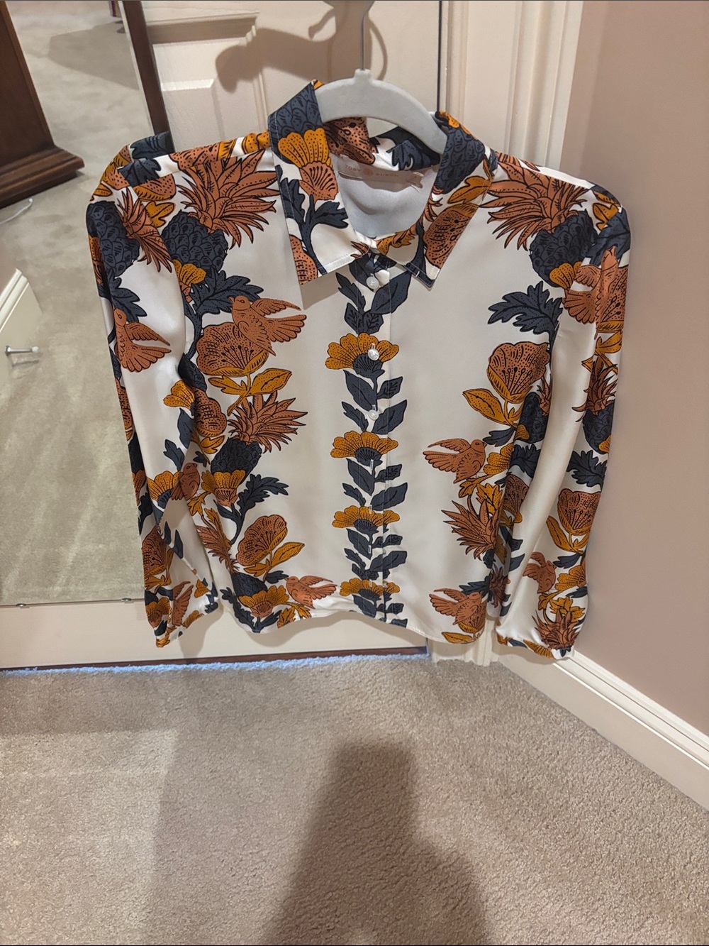 Tory Burch White Button-Down Blouse with Mustard & Charcoal Floral Print